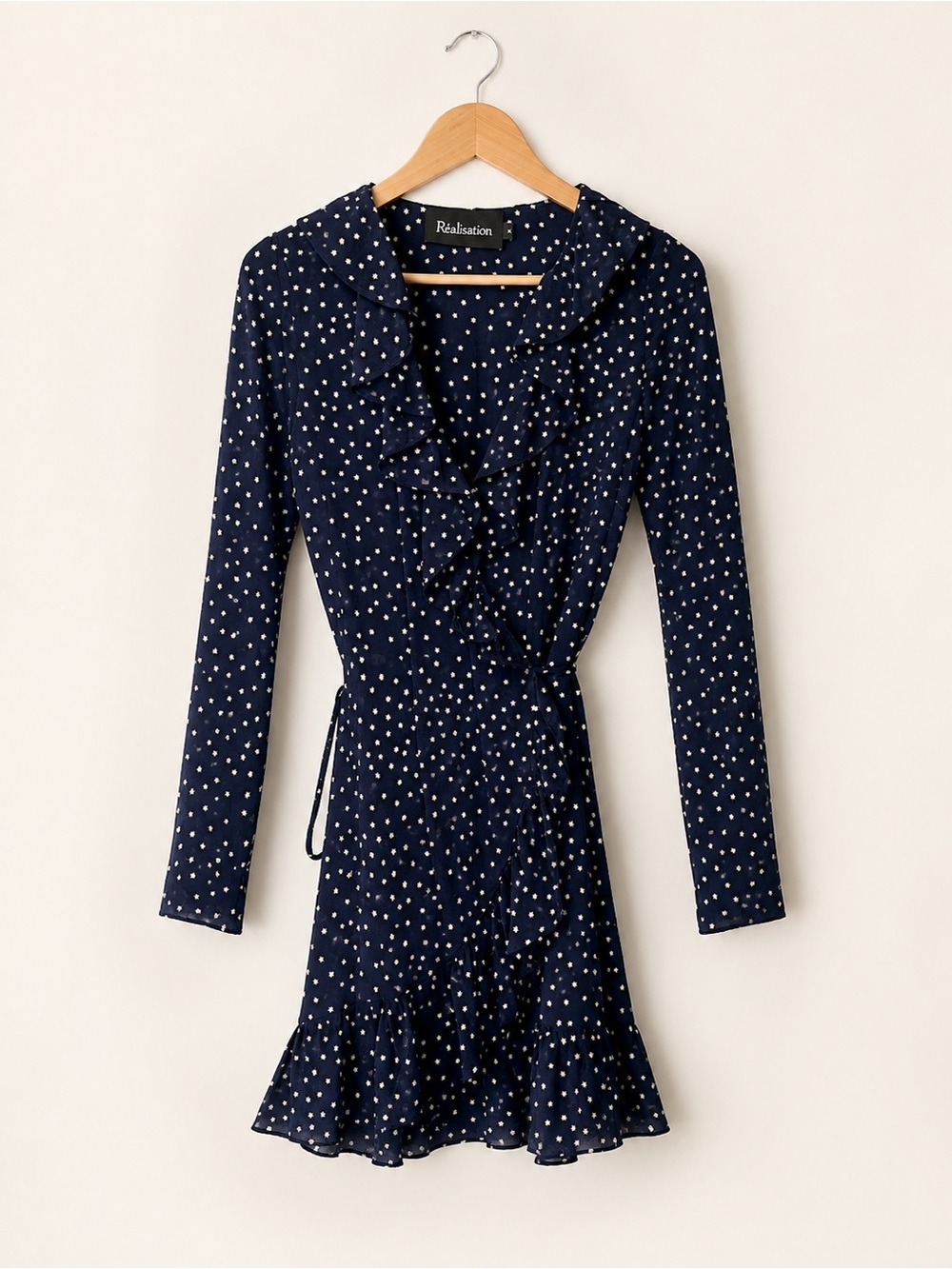 Realisation Par Navy and White Polka Dot Long Sleeve Wrap Dress